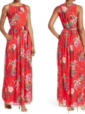 Eliza J Red Floral Chiffon sleeveless Belted Maxi Dress Size 10